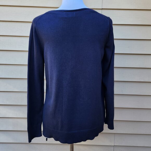 Crown & Ivy Dark Blue Sweater Side Stripes Tie Accent 100% Cotton - Picture 9 of 12